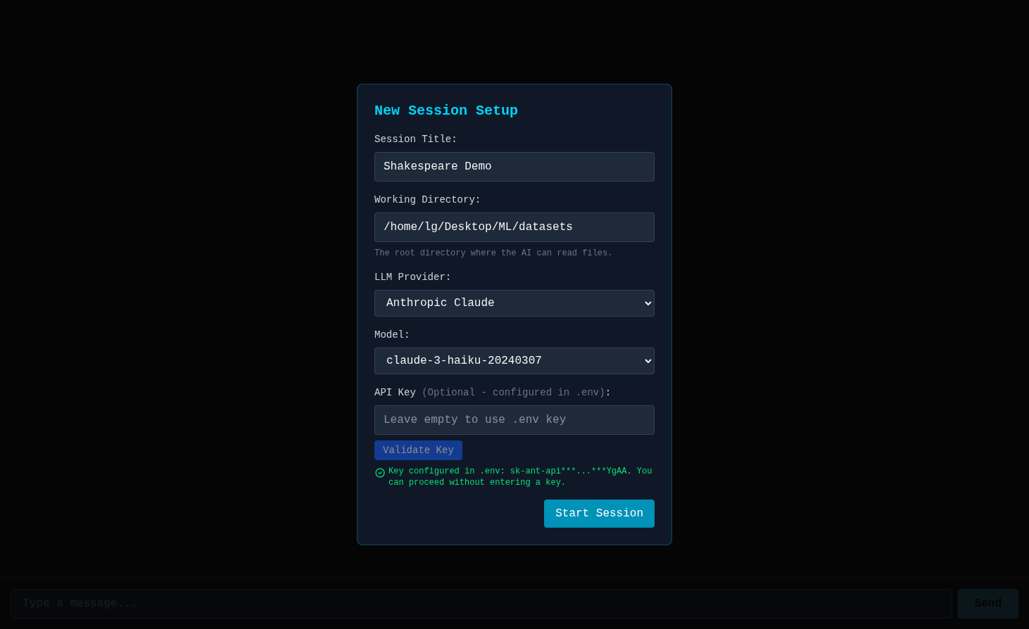 The goop terminal-style interface with its session setup controls